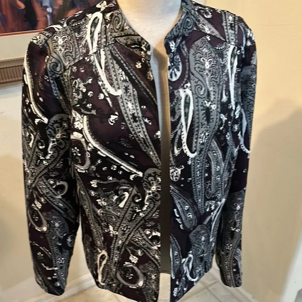 Chico's Burgundy/Black/White Paisley Pattern Jacket Size 2-Large